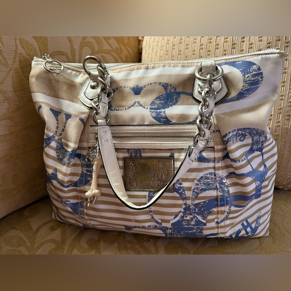 Coach Poppy Beach Blue Sequins Leather Handles Tote preowned